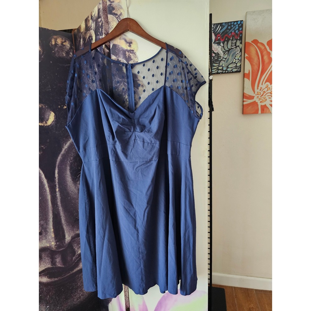 Torrid Blue Polka Dot Mesh Illusion Neckline Fit & Flare Swing Dress Size 28 - Picture 2 of 10